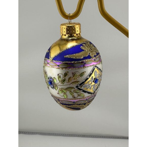 Unique Treasures Hand Blown Glass Egg Ornament w/ Blue and Gold Accents Crystals - Picture 6 of 9